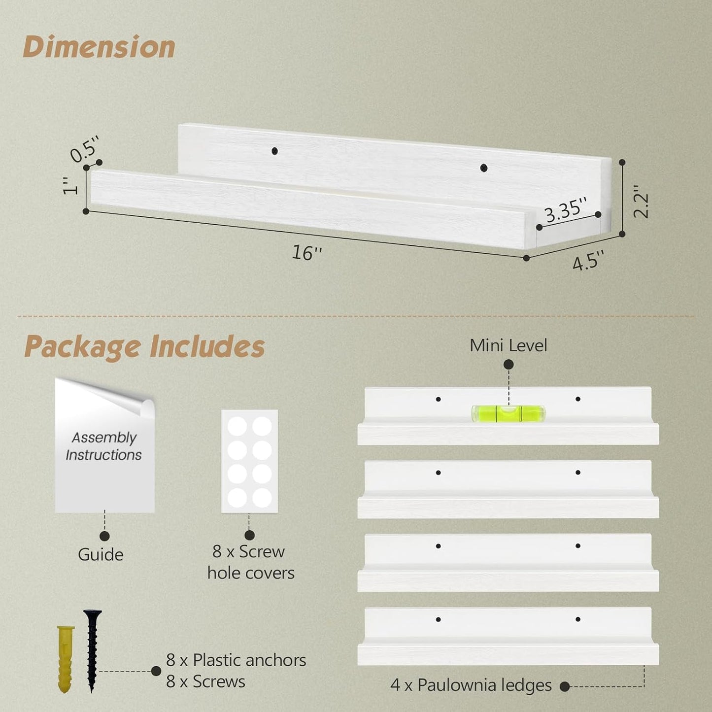 16 Inch Picture Ledge Shelf, Photo Floating Shelves with Lip for Wall