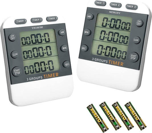 Photect 2-Piece Digital Dual Kitchen Timer, 3 Channels, Count UP/Down, Cooking Timer with Magnetic Back, Loud Alarm, Large