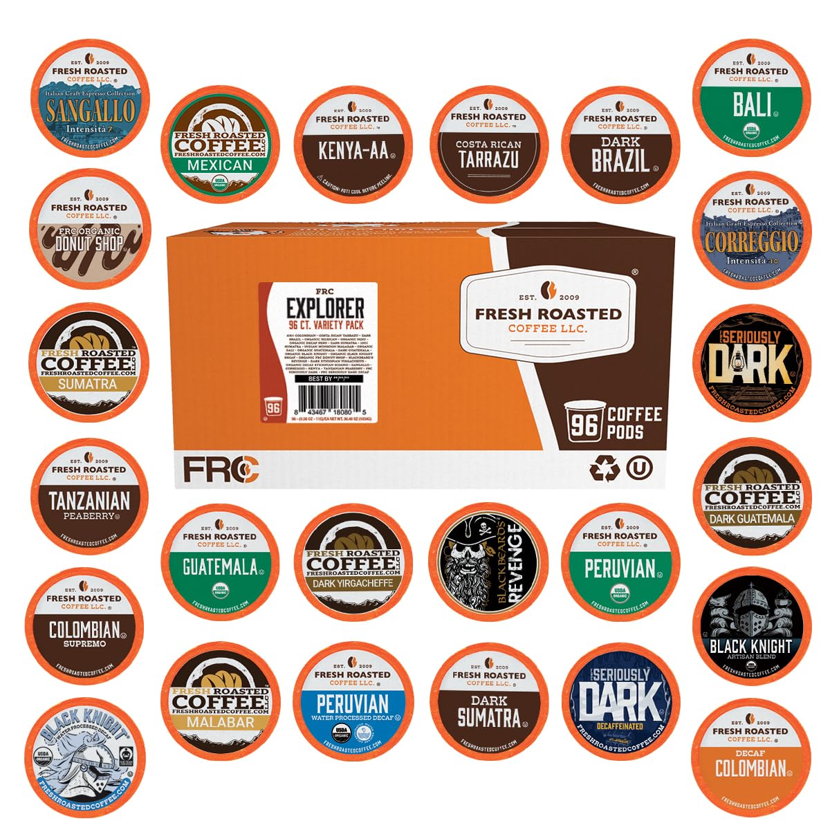 Fresh Roasted Coffee, Explorer Variety Pack K-Cup Pods for Keurig Brewers, Medium Roast, Kosher, 96 Count Loose Pack