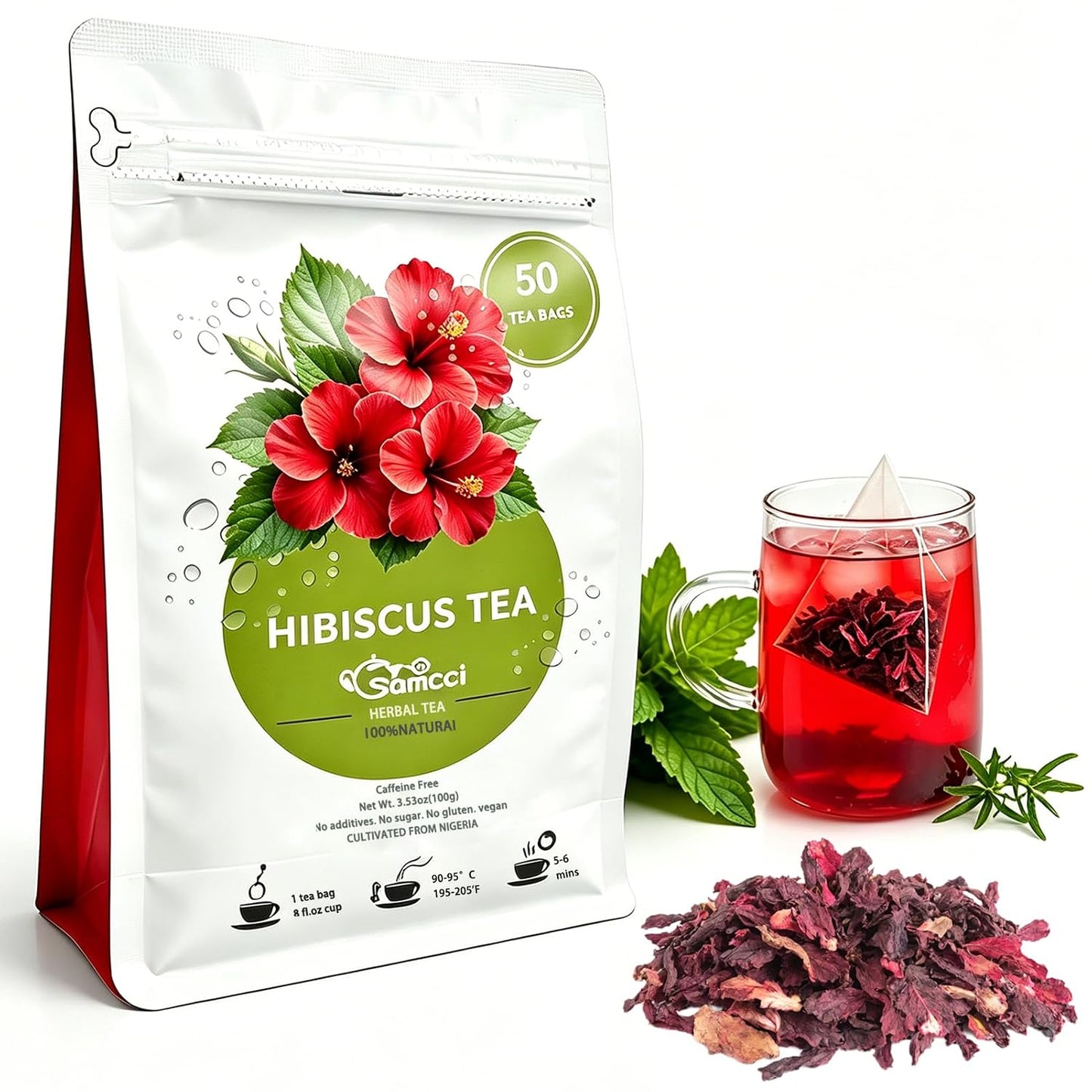 Samcci Hibiscus Tea Bags, 50 Count, Pure Dried Flor De Jamaica Flower | Hot &amp; Iced Tea, Rich in Antioxidants, Supports Digestion, 100% Natural Dried Flowers, Non-GMO, Caffeine-Free