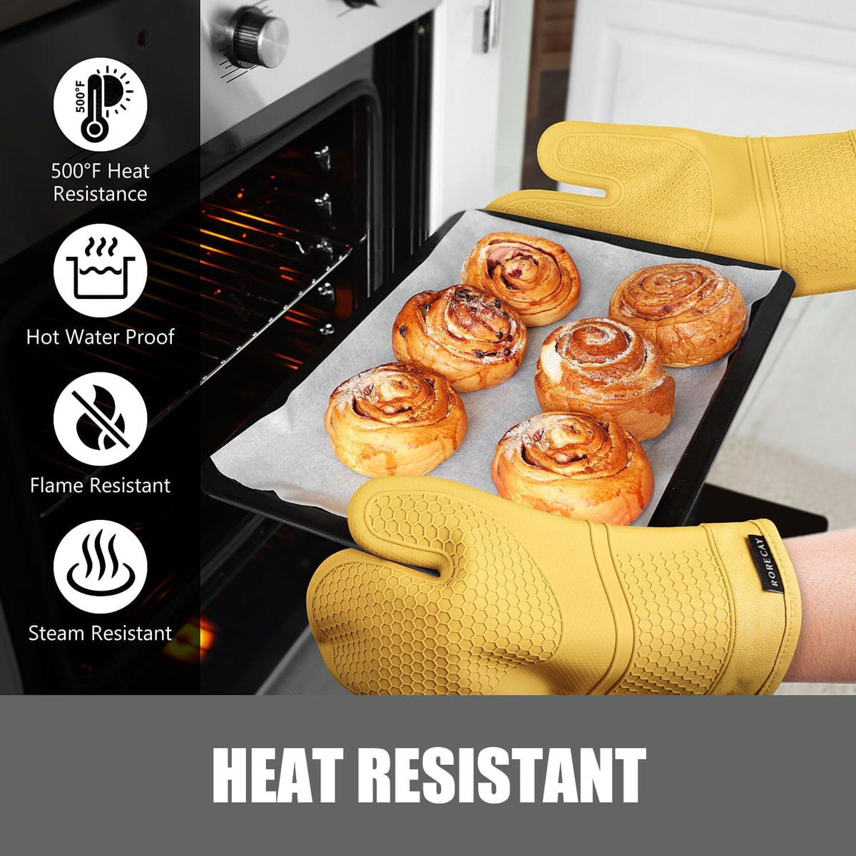 RORECAY Silicone Oven Mitts and Pot Holders Sets, Kitchen Gloves, Yellow | Set of 6 Kitchen Mitts for Baking &amp; Cooking, Heat Resistant 500 ℉, 12.7" Extra Long, Non-Slip &amp; Waterproof, Quilted Cotton