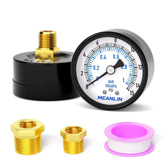 MEANLIN MEASURE 0-15Psi 2" DIAL FACE 1/4" NPT Well Pump Pressure Gauge, with 1/2" NPT and 3/8" NPT Hex Bushing, 3-2-3%