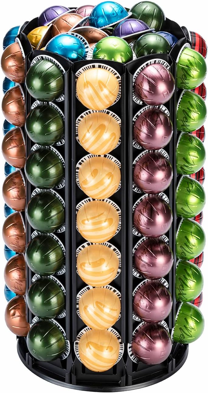 FlagShip Vertuo Pod Carousel Holder 100+ Pods Capacity Black Sturdy Metal | Maximize Save Space Heavy Duty 360° Silent Rolling Large Capacity for Nespresso Pod Organizer Fits All Size Vertuo Pod