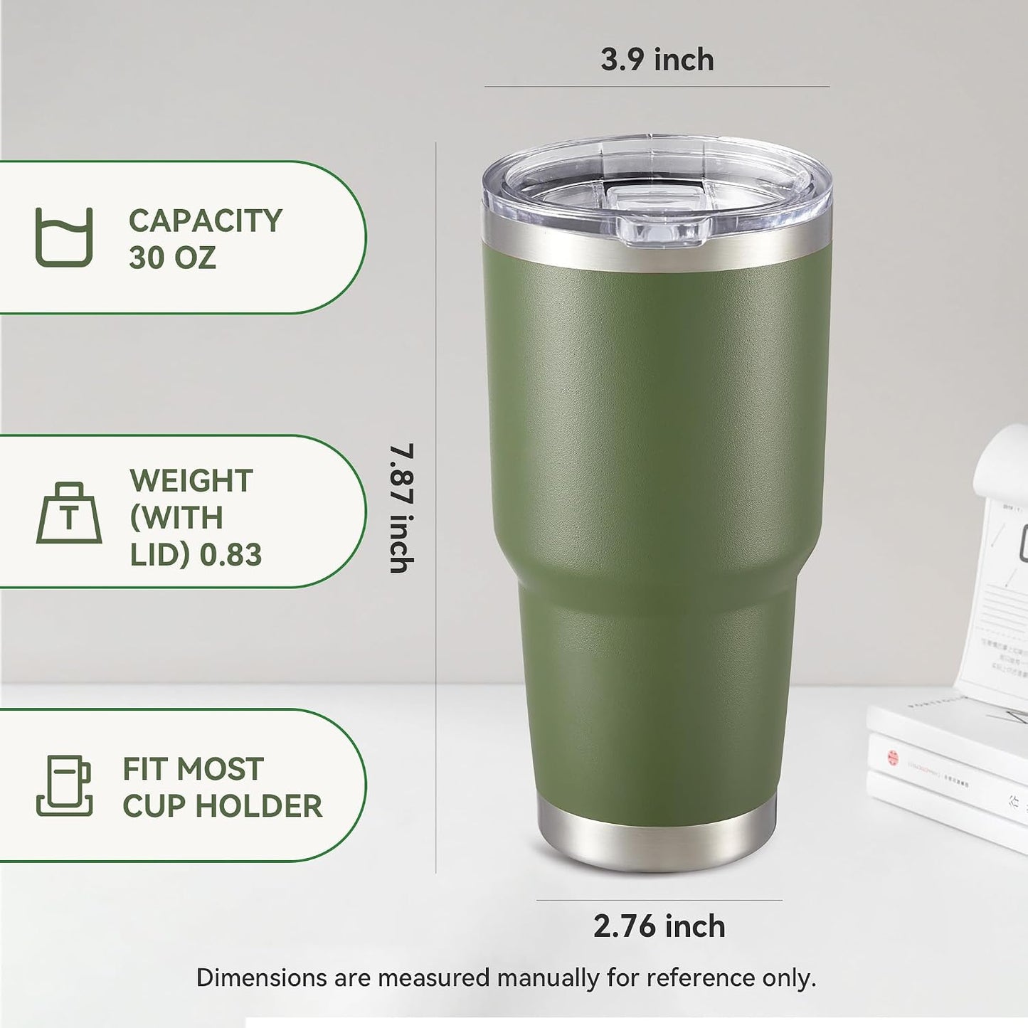 30 oz Tumbler with Lid Stainless Steel Tumblers Bulk, 4 Pack | Vacuum Insulated Cup, Leak Proof Lid, Powder Coated Travel Mug, Double Wall, Keep Cold Drinks for 12 Hours, Army Green