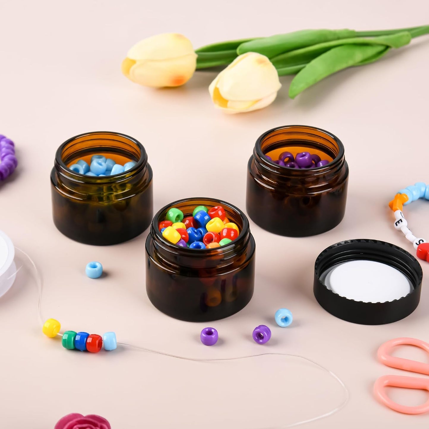 Glass Jars with Lids,Eco-Friendly Cosmetic Containers with Airtight Black Lids &amp; Liners, Multi-Color Options for Cream, Lotion, Body Butter, DIY Skincare Travel Jars (Amber, 2oz)