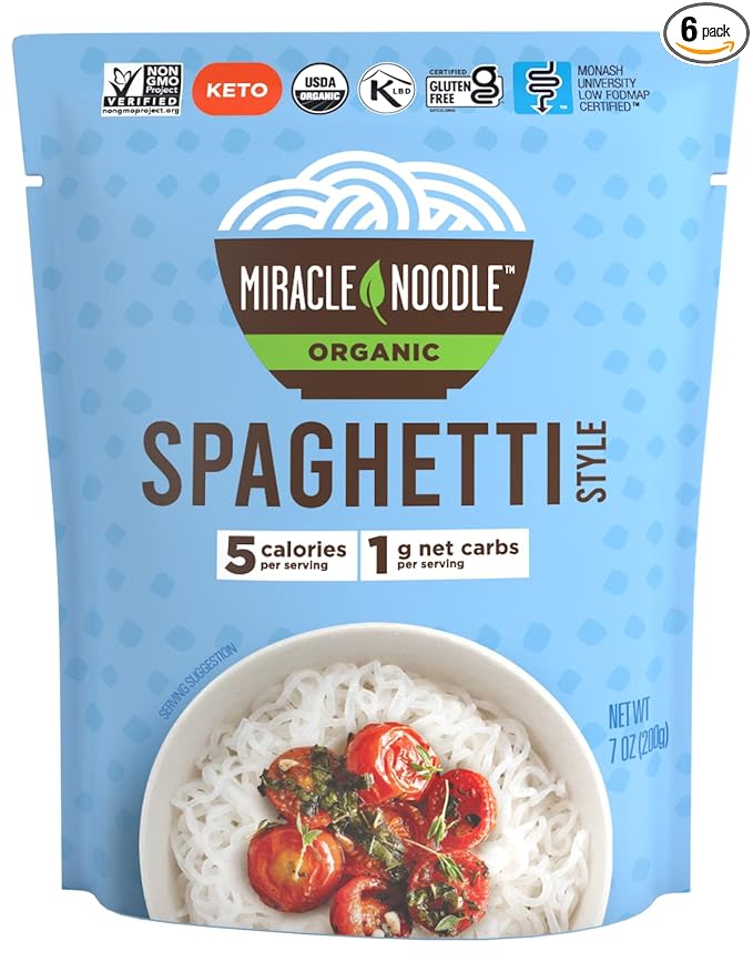 Miracle Noodle Ready to Eat Organic Spaghetti Pasta, 7 Oz (Pack of 6), Plant Based Shirataki Konjac Noodles, 5 Calories, 1g Net Carbs Per Serving, Keto, Gluten-Free