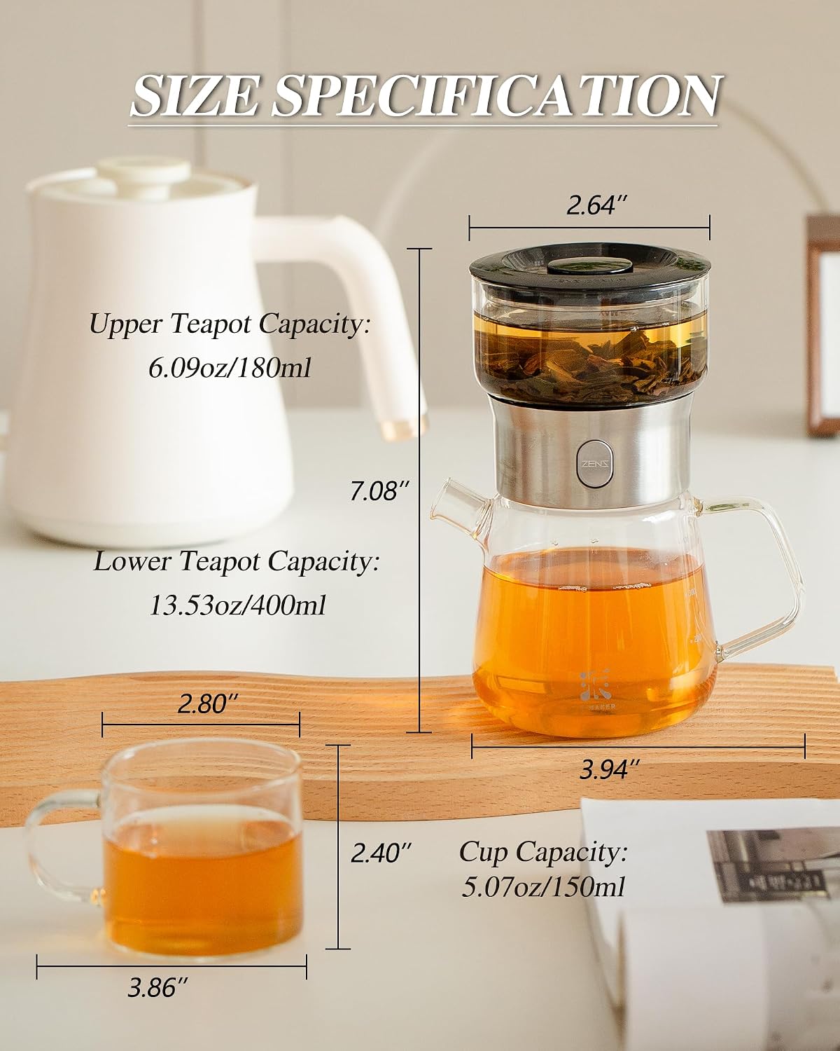 ZENS Modern Glass Infuser Pot Set with 2 Cups, One Touch Loose Tea Maker | Magic Tea Pot, Mess free Tea Steeper with 13.5oz Glass Teapot, TeaDiffusers for Herbal Tea Lovers, Black