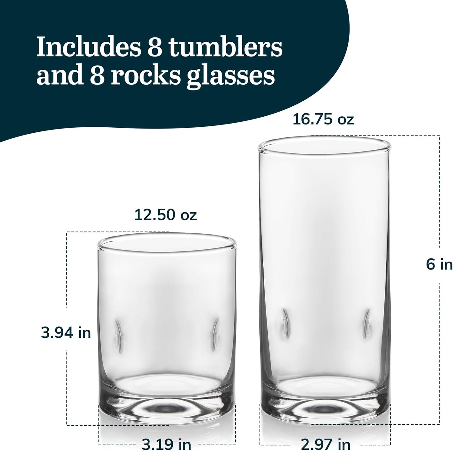 Libbey Impressions 16-Piece Tumbler and Rocks Clear Drinking Glasses, 8 16.7oz &amp; 8 12oz Double Old-Fashioned Glass Drinking Cups Set