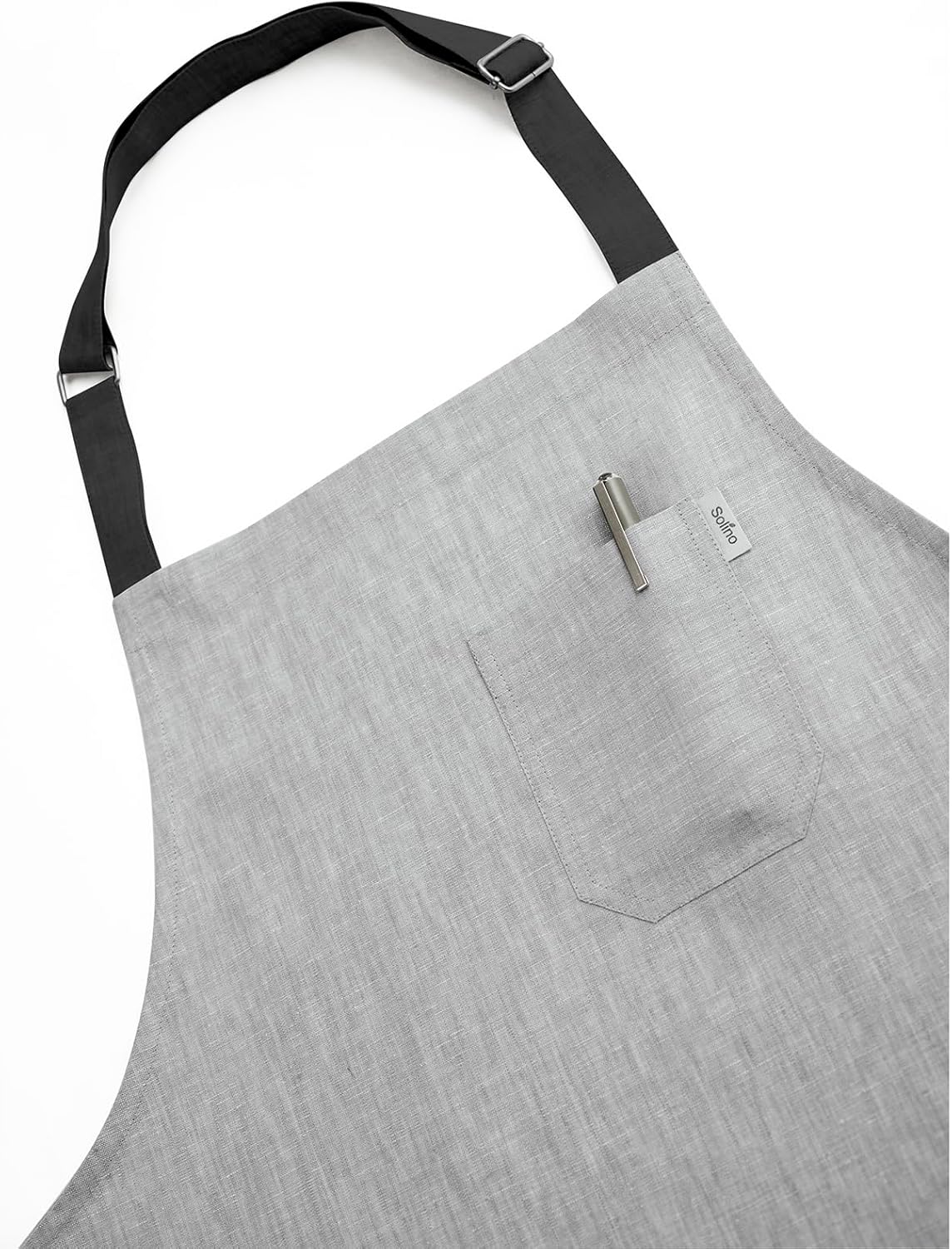 Solino Home Linen Kitchen Apron for Men & Women - 100% Pure Linen Light Grey/Black Bib Apron with Front Pockets - Handcrafted from European Flax
