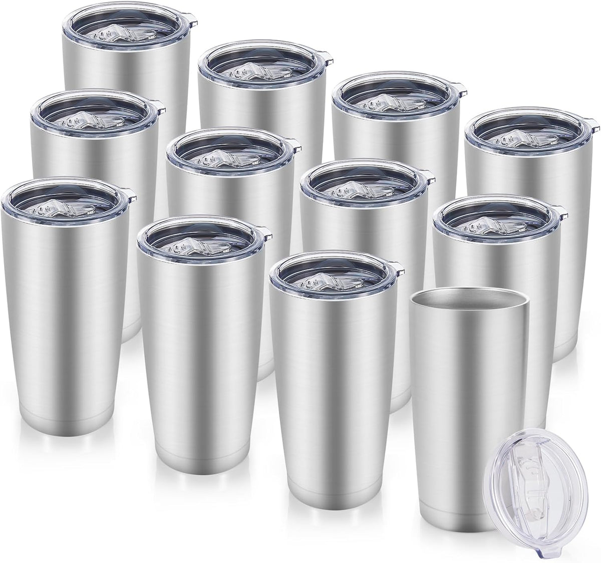 20 oz Tumblers Bulk Stainless Steel Tumbler with Lid Double Wall Vacuum Insulated Coffee Mug 20oz Powder Coated Cup for Hot and Cold Drinks, Stainless, 12 pack