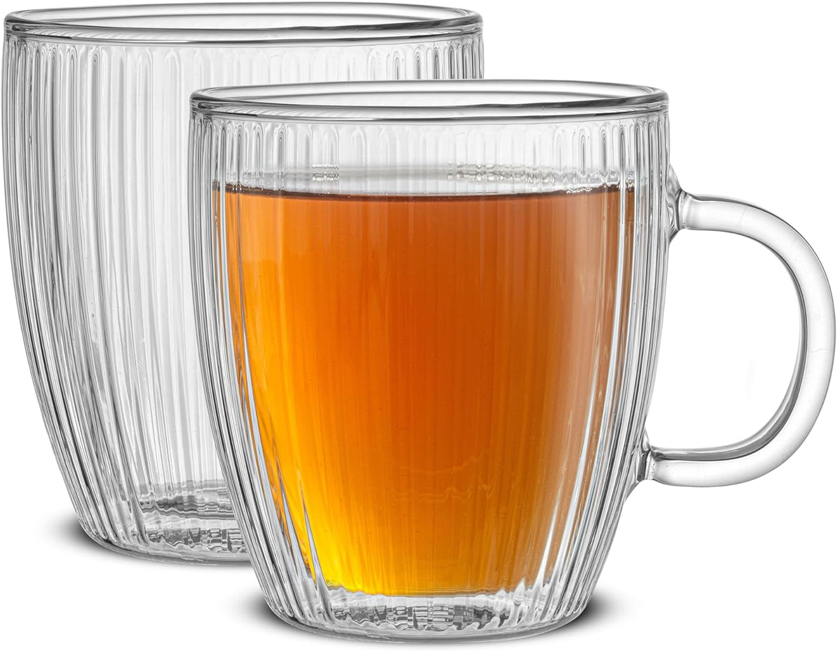 JoyJolt Fluted Glass Coffee Mugs, Double Wall Coffee Mugs. 13.5oz Clear Coffee Mug Set of 2. Latte Glasses, Glass Cappuccino Mugs, Clear Glass Coffee Mug. Ribbed Mugs
