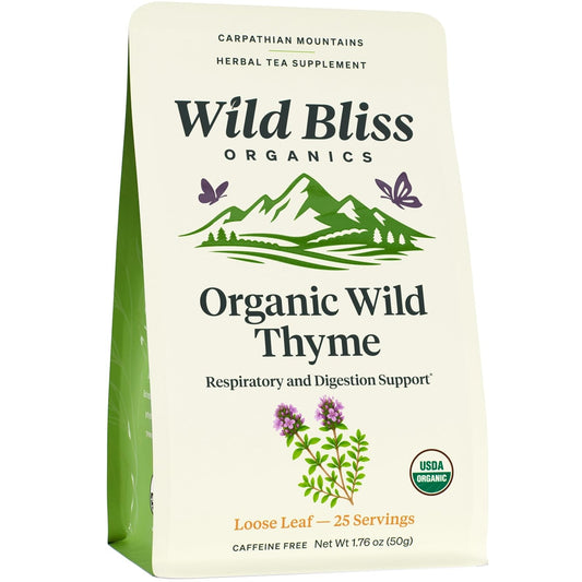 Wild Bliss Organic Wild Breckland Thyme Tea - Caffeine Free Loose Leaf Herbal Tea - Resipratory and Digestion Support - 1.76 Oz - 25 Servings