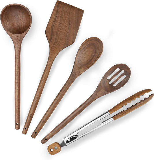 Elegant 5-Piece Walnut Wood Kitchen Utensil Set – Non-Scratch, Heat-Resistant Cooking Utensil Set with Kitchen Tongs,