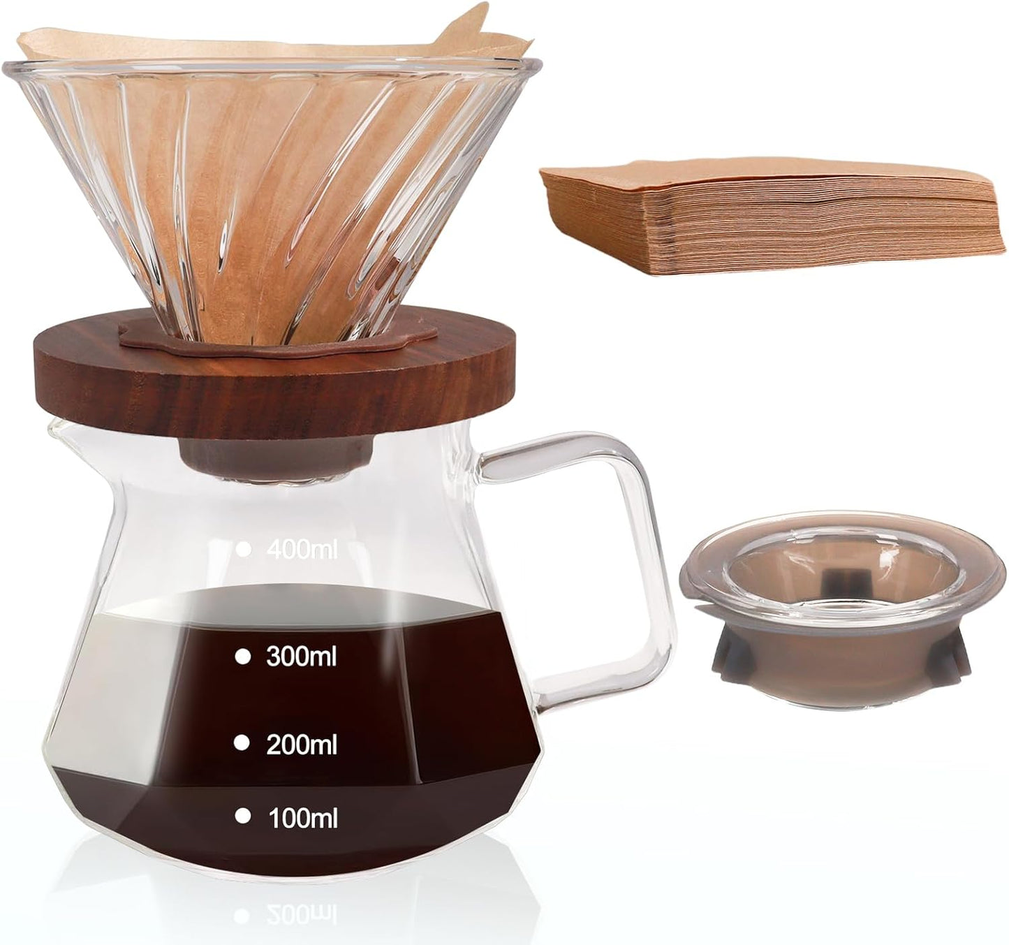 Pour Over Coffee Maker 400ml Borosilicate Glass Drip Coffeemaker Server Set with 50pcs V60 Cone Pape