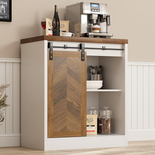 Farmhouse Small Coffee Bar Cabinet with Storage, White Coffee Bar Table with Sliding Barn Door, Adjustable Shelves, Bar