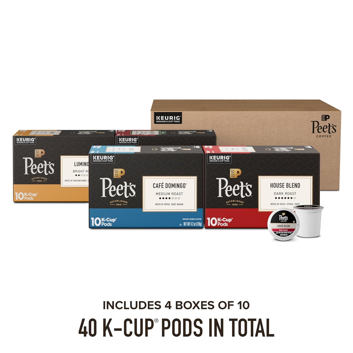 Peet's Coffee, Keurig K-Cup Pods Variety Pack, 100% Arabica Coffee - Luminosa Breakfast Blend, Café Domingo, Organic Alma De La Tierra, House Blend, 40 Count (4 Boxes of 10 Pods)