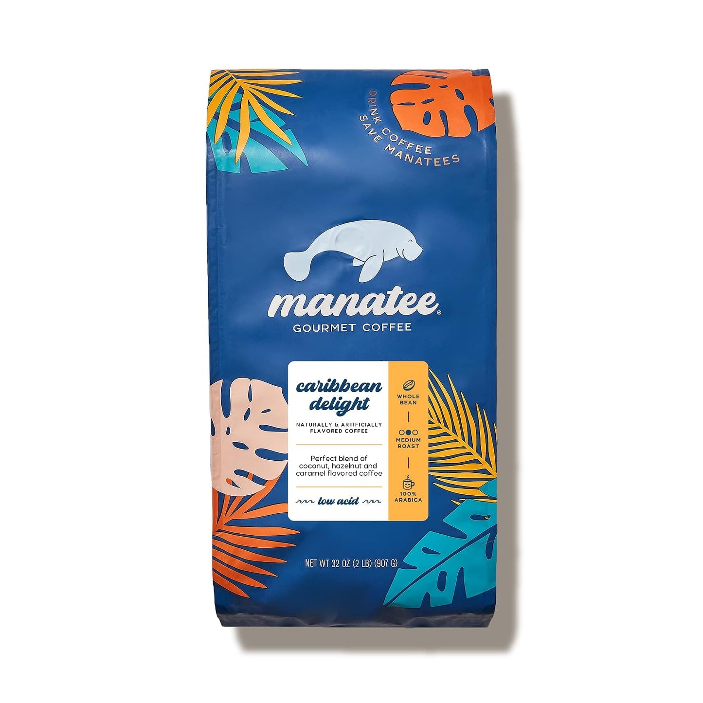 Manatee Gourmet Whole Bean Coffee, Medium Roast, Caribbean Delight 2 lb | 2 Pound Bag, Vegan, Allergen Free, Non-GMO, Kosher, Vegetarian, Small Batch Roasted