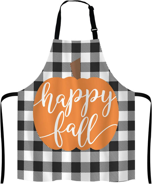 Happy Fall Pumpkin Thanksgiving Pillow case Buffalo Plaid Adjustable Bib Apron Kitchen Cooking Baking Gardening Apron for