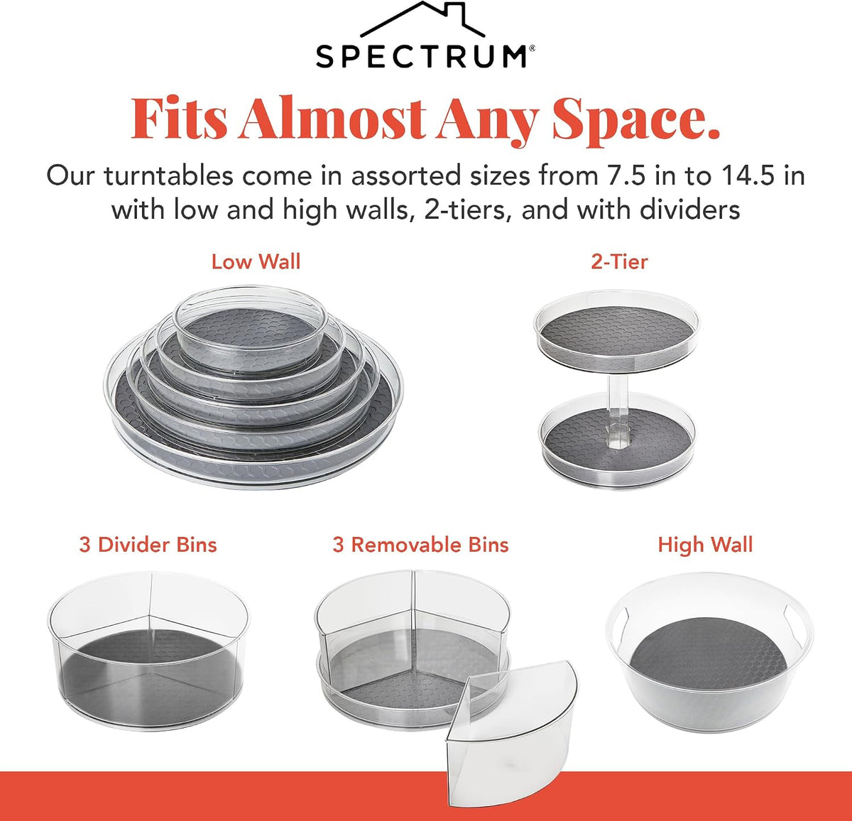 Spectrum Medium Lazy Susan Organizer 9.5 in for Cabinet Refrigerator Pantry Table Rotating Kitchen Storage Spice Rack Fridge Organization, Charcoal Gray Spinning Turntable for Sauces Jams Condiments
