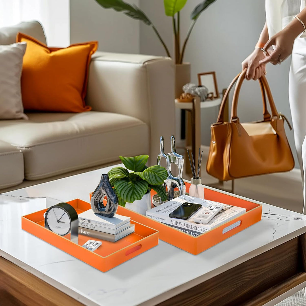 MAONAME Orange Serving Tray with Handles, Plastic Decorative Tray Set of 2 | Decorative Tray for Coffee Table, Modern Ottoman Tray, Rectangle Melamine Tray for Living Room, 15.8"L x 10.2"W x 1.4"H