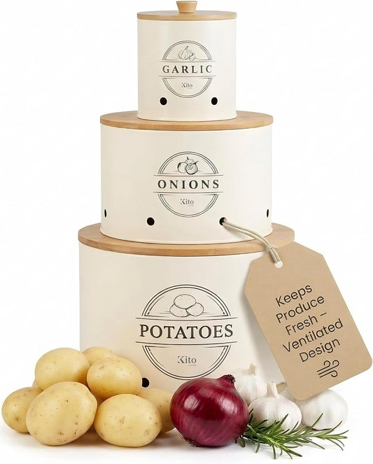 Canister Sets for Kitchen Counter with Wooden Bamboo Lids, Kitchen Canisters for Countertop, Stackable Steel Farmhouse Canisters for Potato Storage, Onion and Potato Storage Bins - White