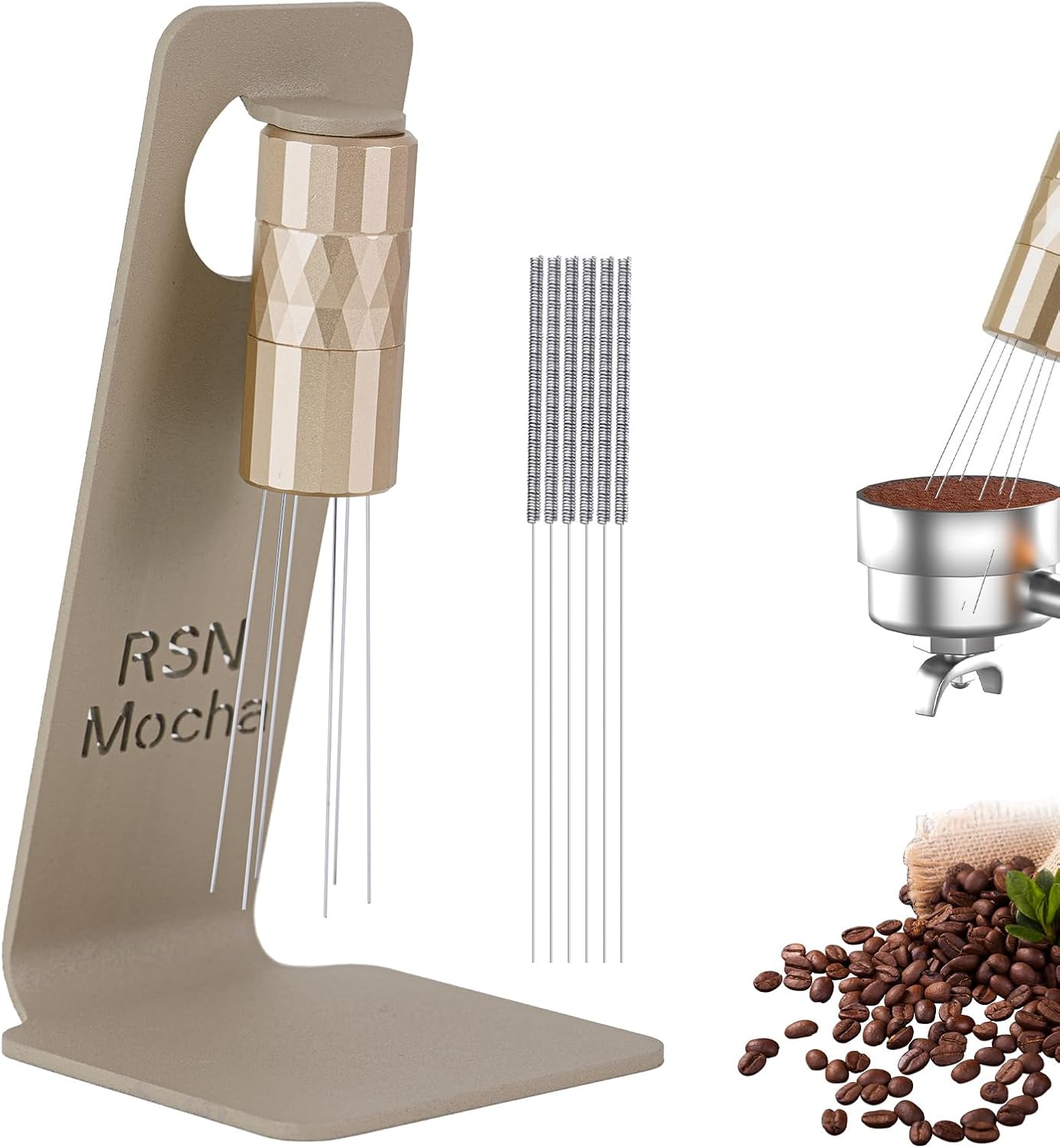 WDT Tool Espresso Distribution Tool, Coffee Distribution Tool with Magnetic Stand, Espresso Accessories with 6 Extra Φ0.25mm Stainless Steel Needles for Barista (Rich Gold, Φ0.25mm)