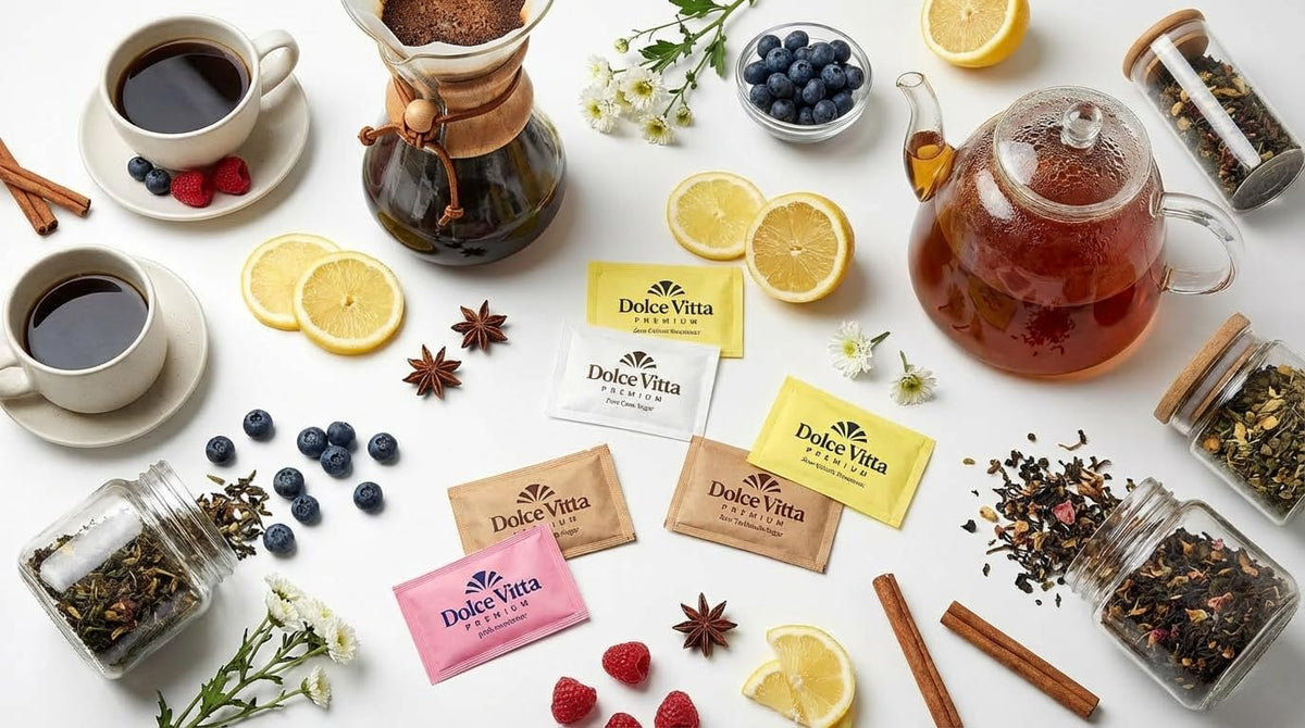 Dolce Vitta Sugar Packets &amp; Sweetener Variety Pack, 300 Count | Individual sugar &amp; sweetener packets in 5 types: Stevia, Sucralose, Saccharin, pure cane &amp; turbinado sugar for coffee or tea