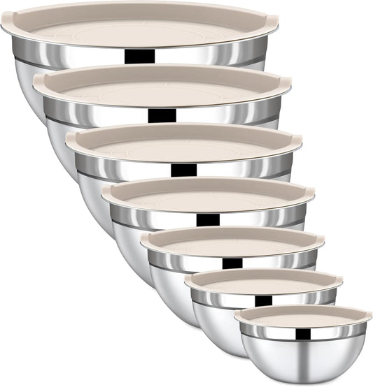Mixing Bowls with Lids Set - 7 Piece Khaki Nesting Stainless Steel Mixing Bowls for Kitchen, Sizes 4.5, 4, 3.5, 2.1, 1.5,