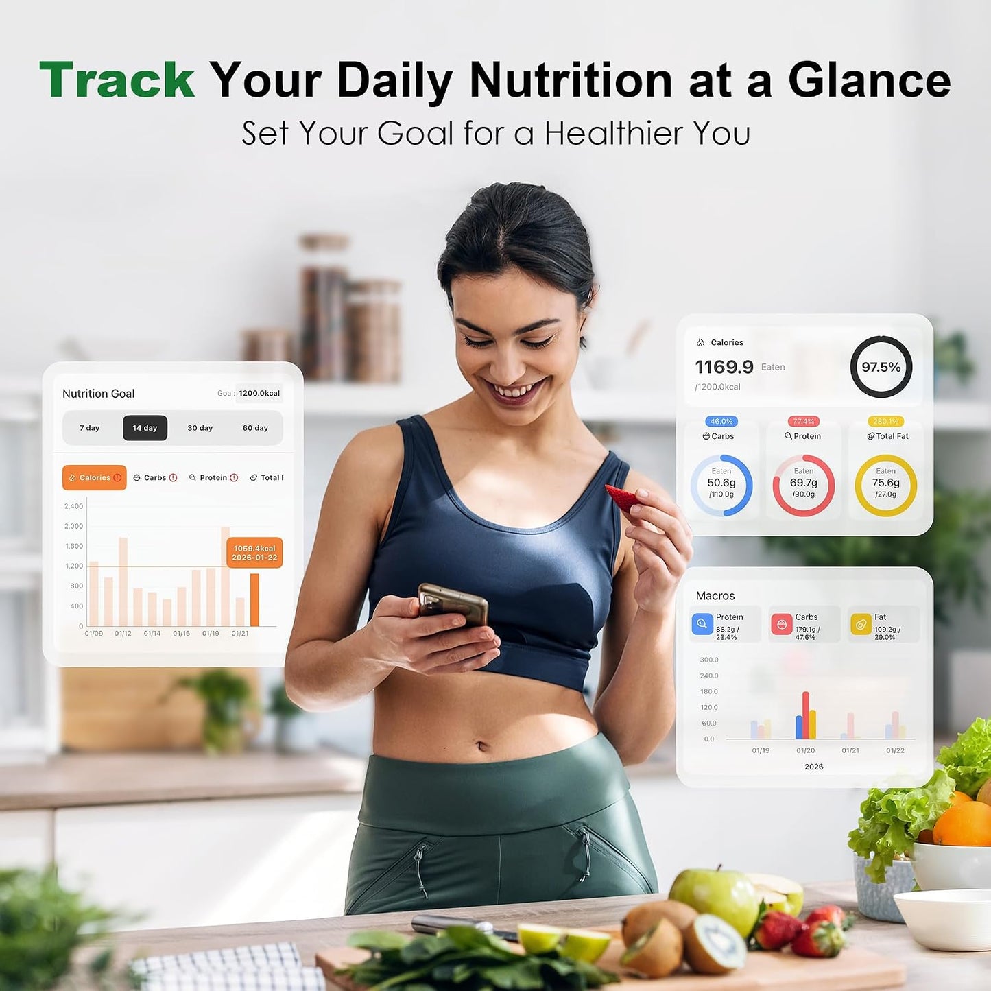 Ultrean Smart Food Kitchen Scale with Nutritional Calculator, App for Macro &amp; Calorie Tracking, AI Scan, Digital Grams and Ounces for Weight Loss, Rechargeable, Stainless Steel, 33lb /15kg