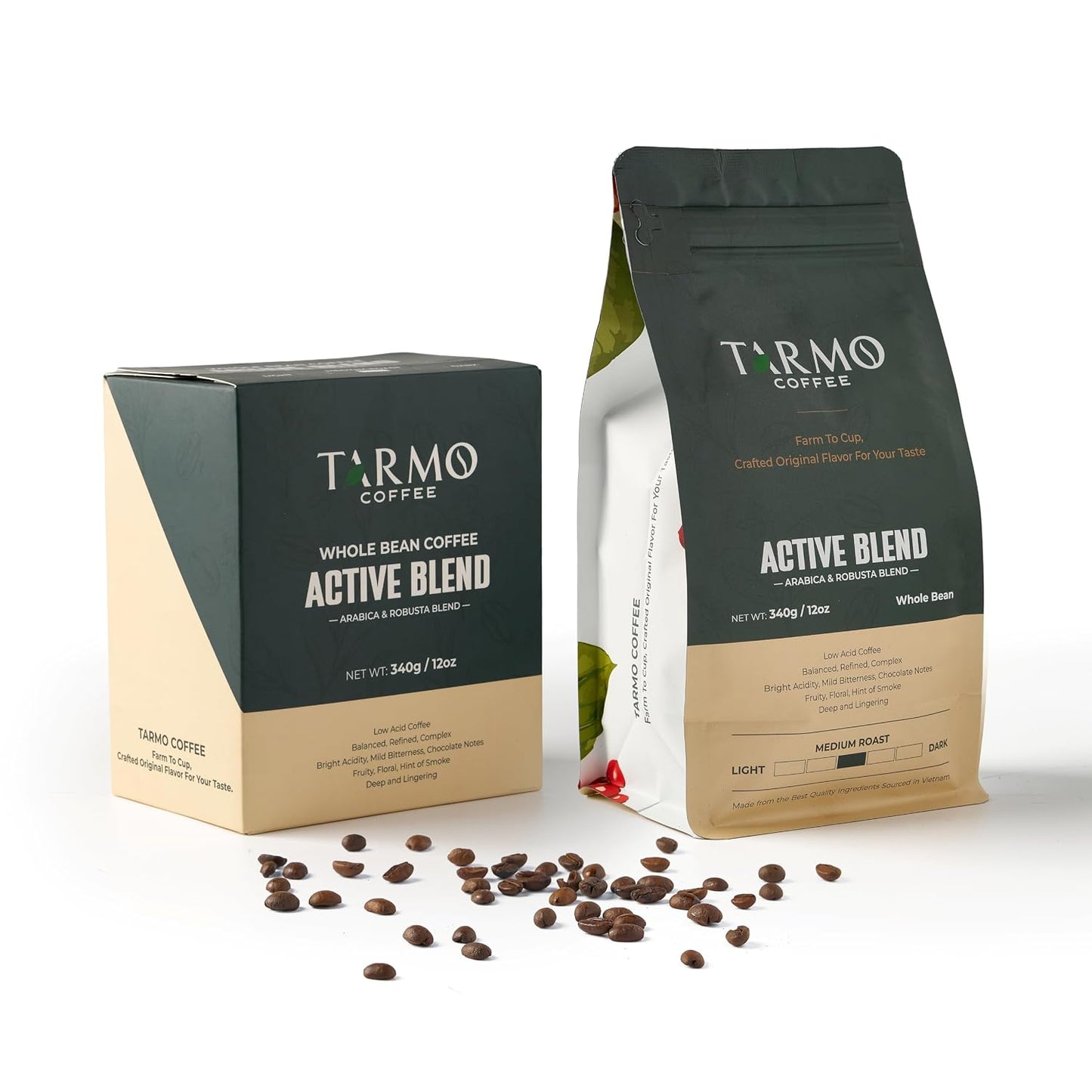 TARMO - ACTIVE BLEND | Low Acid ARABICA &amp; ROBUSTA BLEND Whole Bean Coffee | Specialty Vietnamese Coffee | Single Origin Medium Roast | Premium Espresso Beans, 12 Oz Bag