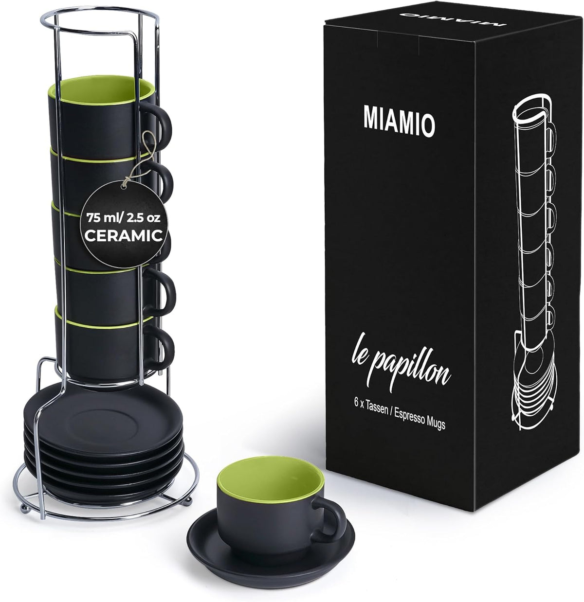 MIAMIO - 2.5 oz Espresso Cup Set with Saucers Set of 6 - Ceramic Coffee Mug Stackable Espresso Mug with Stand for Coffee Drinks, Latte, Cafe Mocha - Le Papillon Collection (Green)