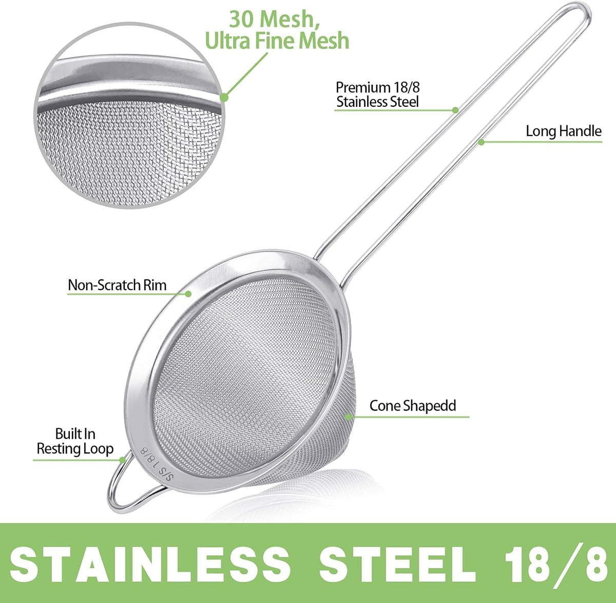 2 Pack Stainless Steel 18/8 Small Food Strainer, Fine Mesh Sieve with Long Handle, Cocktail Strainer For Cocktails, Tea Herbs, Coffee &amp; Drinks, Rust Proof &amp; Great as Tea Strainer, 3.5inch