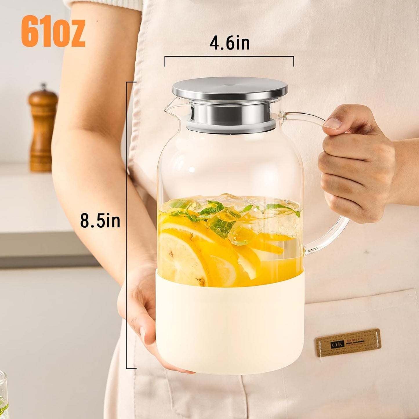 PARACITY Glass Pitcher with Lid, 61 oz Glass Water Pitcher, Off-White Base | Glass carafe with lid; silicone base for hot or cold coffee, lemonade and milk, serves as a juice pitcher or water jug