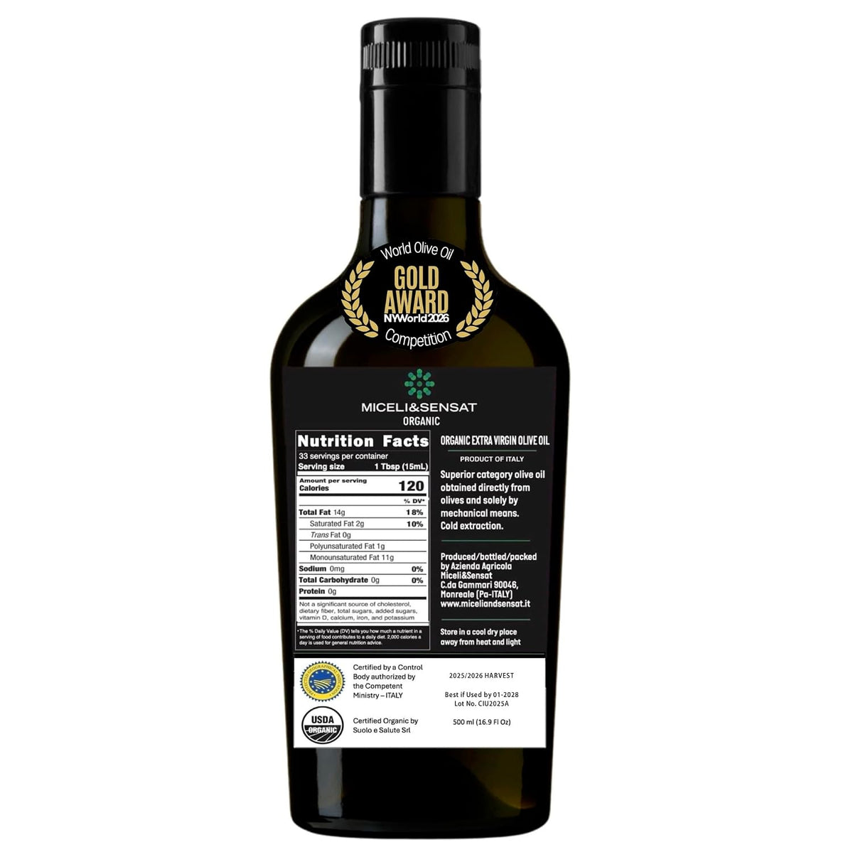 Fruity Medium Organic 500+ mg/kg Polyphenols Rich Italian Extra Virgin Olive Oil from Italy