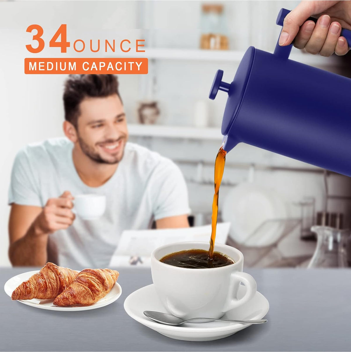 Secura French Press Coffee Maker, 304 Grade Stainless Steel Insulated Coffee Press with 2 Extra Screens, 34oz (1 Litre), Blue