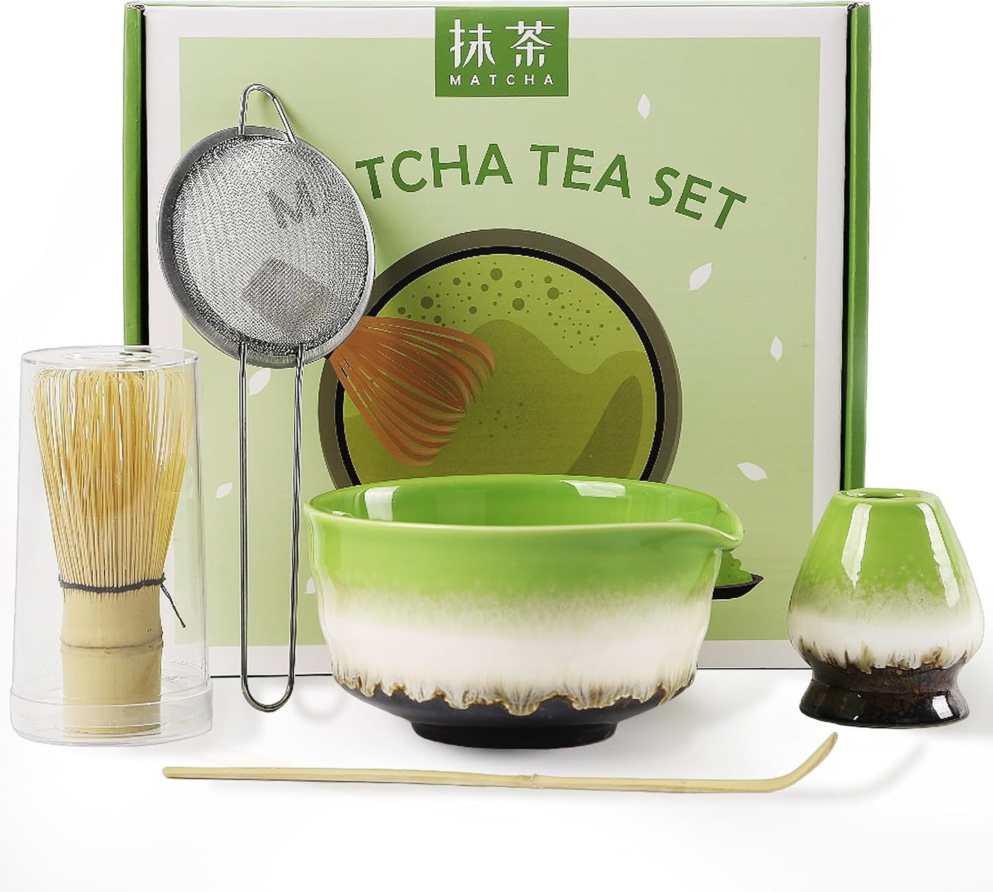 Matcha Whisk Set, 5 PCS Ceramic Matcha Set, Japanese Tea Set Includes Matcha Bowl with Spout, Whisk, Sifter, Holder and Bamboo Spoon, Matcha Kit Gift For Authentic Ceremony (Green)