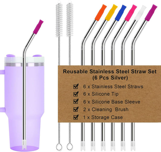 Newly Upgraded 10.5In Bent Metal Straws Reusable Set 6 PCS with 12 Silicone Accessories, 2 Straw Brush, 1 Storage Case, BPA