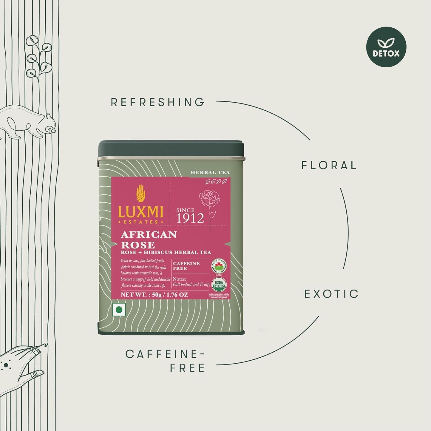 Luxmi Estates African Rose Hibiscus Tea | Loose Leaf, 50g (1.76oz, 25 Cups) | USDA Organic 8-Herb Floral Blend with Hibiscus, Rose Petals, Fennel, Cardamom, Chamomile, Star Anise &amp; Cornflower, Caffeine-Free, Vegan