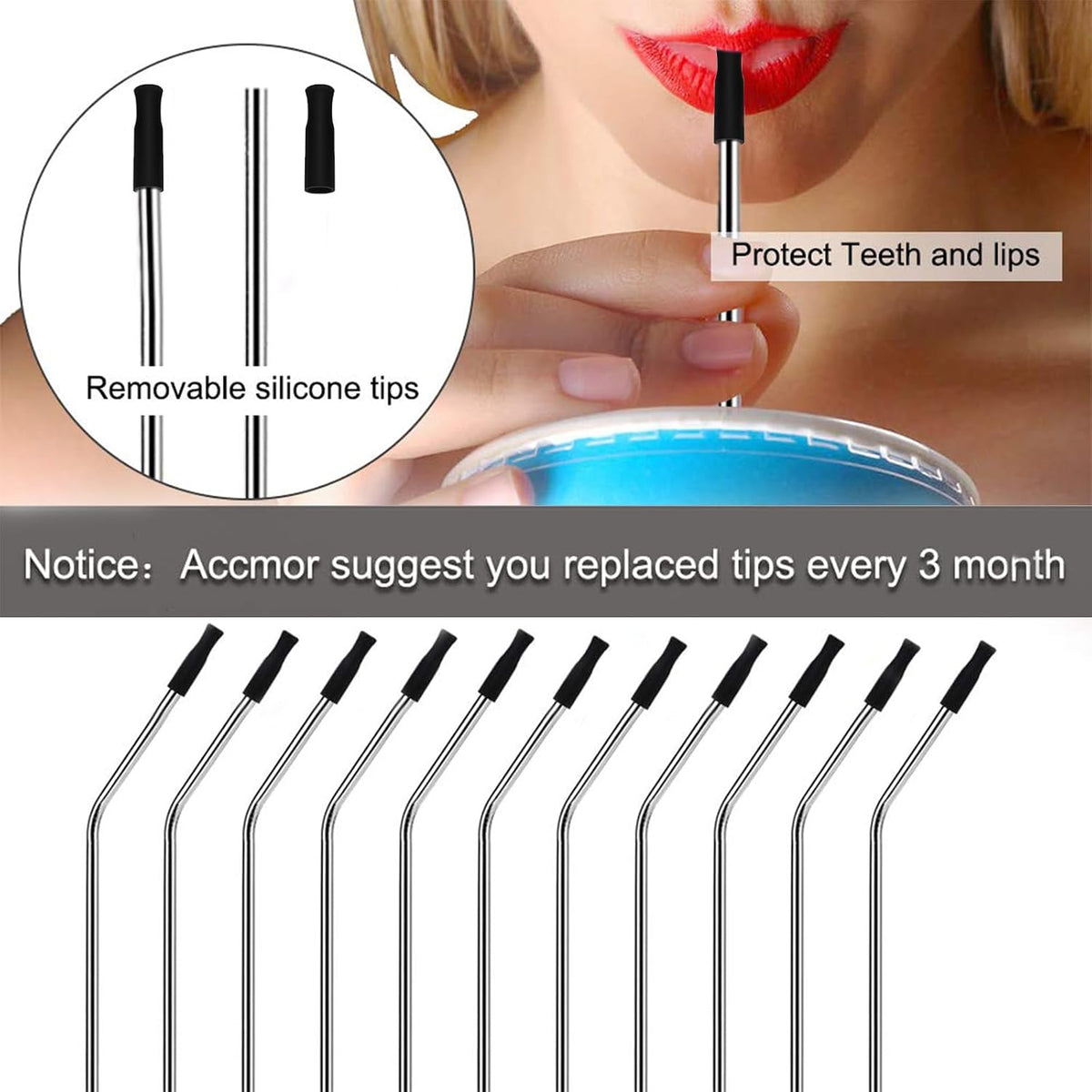 Accmor 22 Pcs Food Grade Silicone Straw Tips Covers for 6 MM OD Metal Straw
