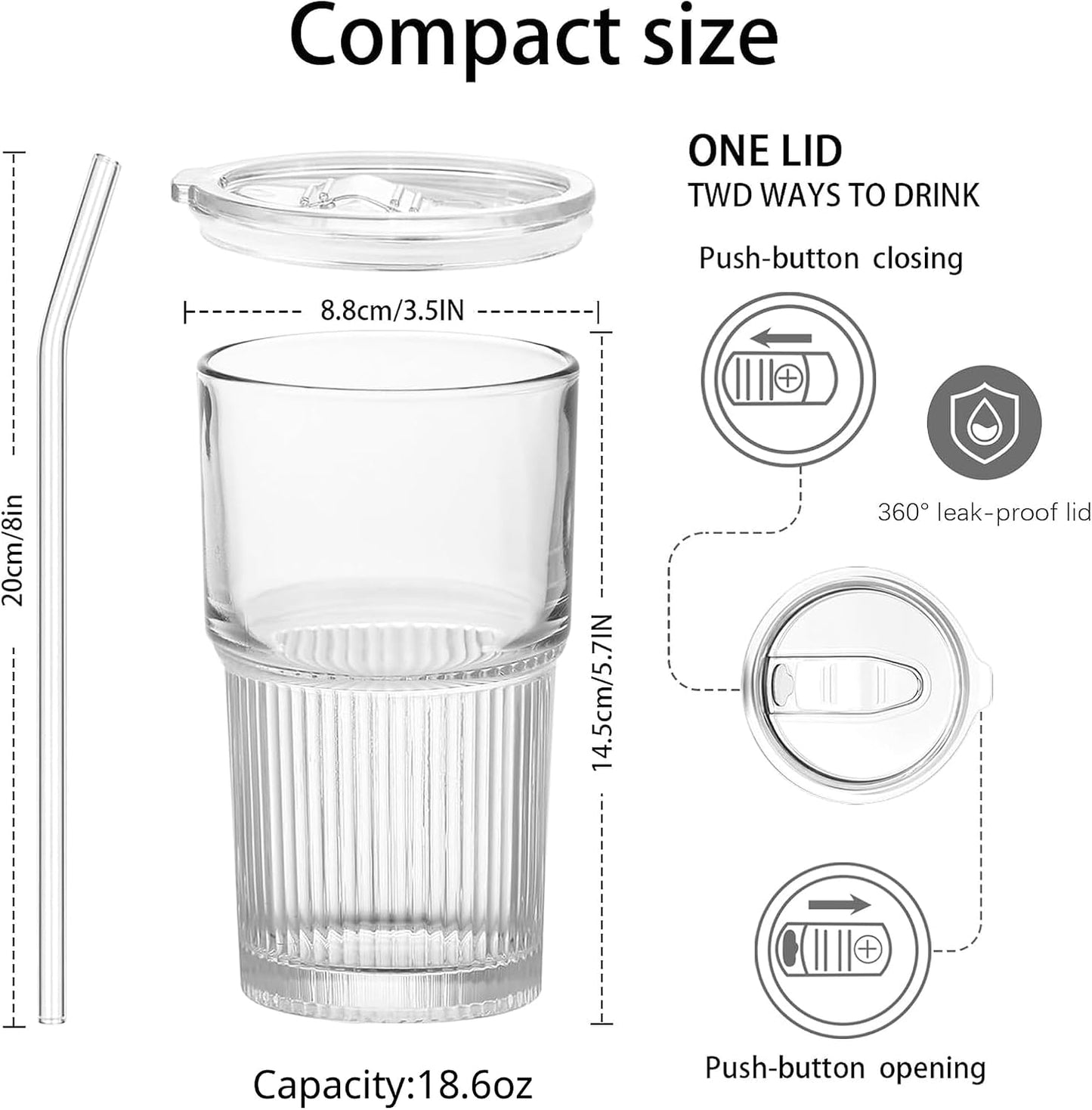 Luiaiog Glass Cups with Lids and Straws Set of 2, 18.6 oz Ribbed Drinking Glasses, Leakproof Glass Tumbler for Iced Coffee, Smoothie, Boba, Reusable Cups with Straw Brush, Dishwasher Safe