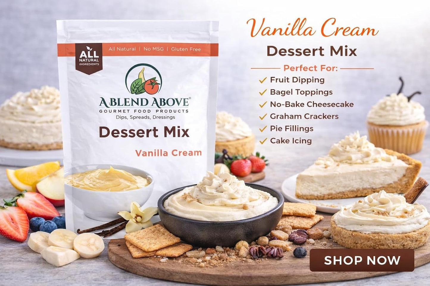 A Blend Above Vanilla Cream Cheesecake Mix - No-Bake Desserts, All Natural, Gluten Free, No MSG - Instant Dessert Mix, Fruit Dip, Bagel Topping, Frosting, Cheesecake Filling - Makes 16 Oz (Pack of 3)