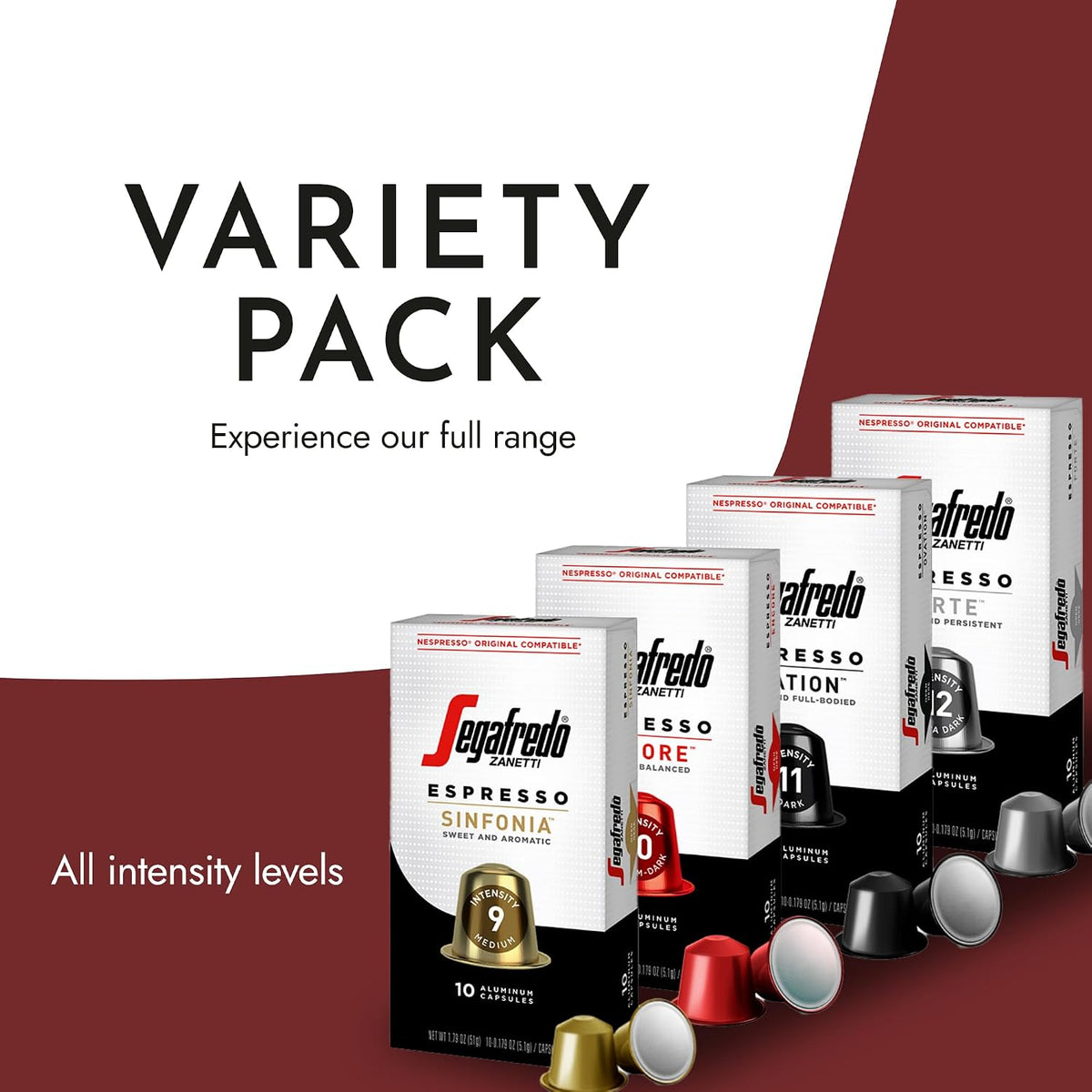 Segafredo Zanetti Espresso Capsules - Variety Pack, 4 Packs of 10 Pods | Medium, Medium-Dark, Dark &amp; Extra Dark Roast, Aluminum Pods for Nespresso Original Machines, Forte, Ovation,Encore &amp; Sinfonia