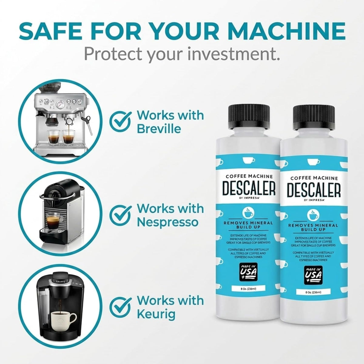 IMPRESA Coffee Machine Descaler (2 Uses Per Bottle) - Made in the USA - Universal Descaling Solution