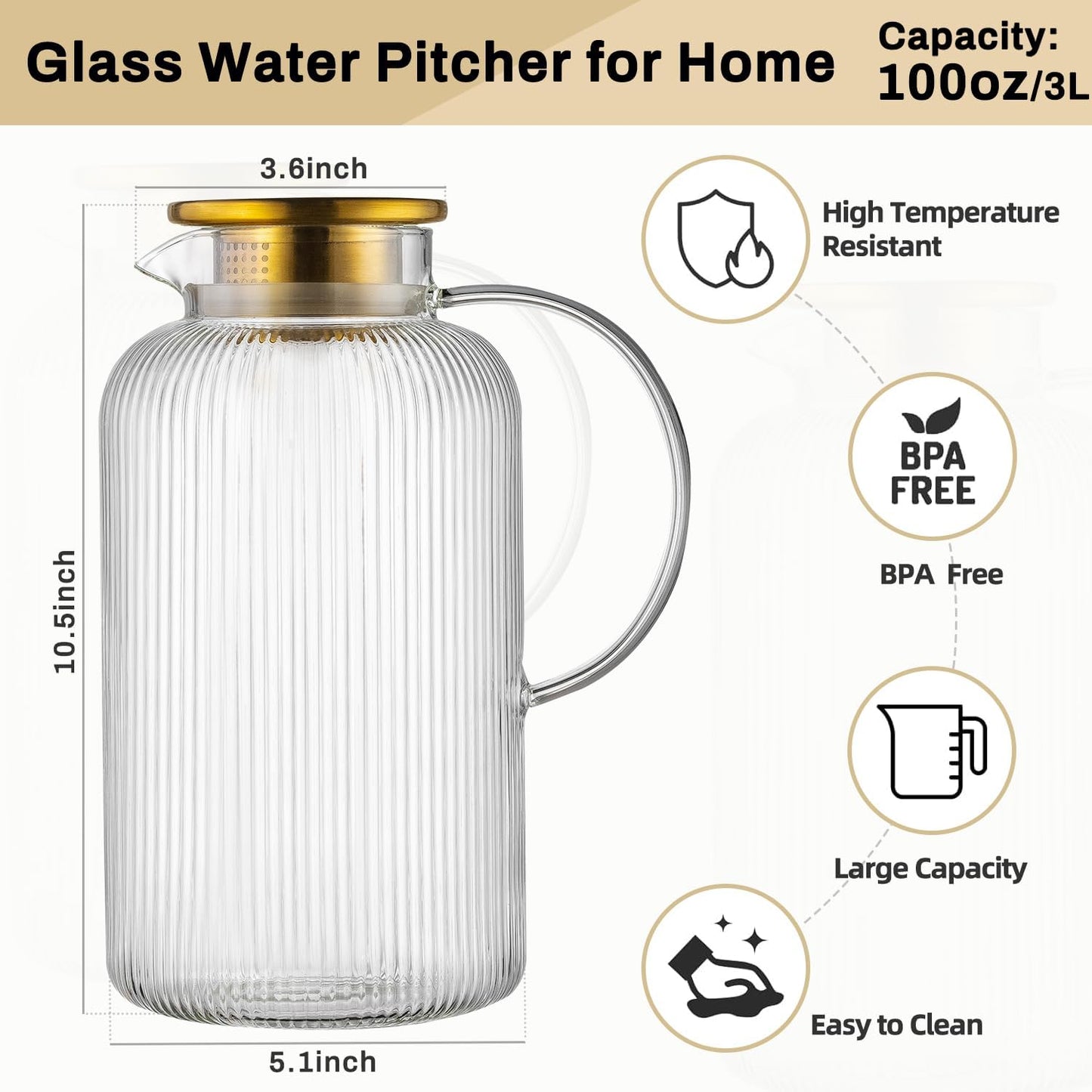 Buaic 2 PACK Glass Pitcher with Lid, 100 oz/ 3L Glass Water Pitcher | Classic Vertical Stripes Glass Water Jug with Handle,Glass Water Pitcher for Cold Brew, Coffee,Iced Sun Tea,Beverage,Cold/Hot