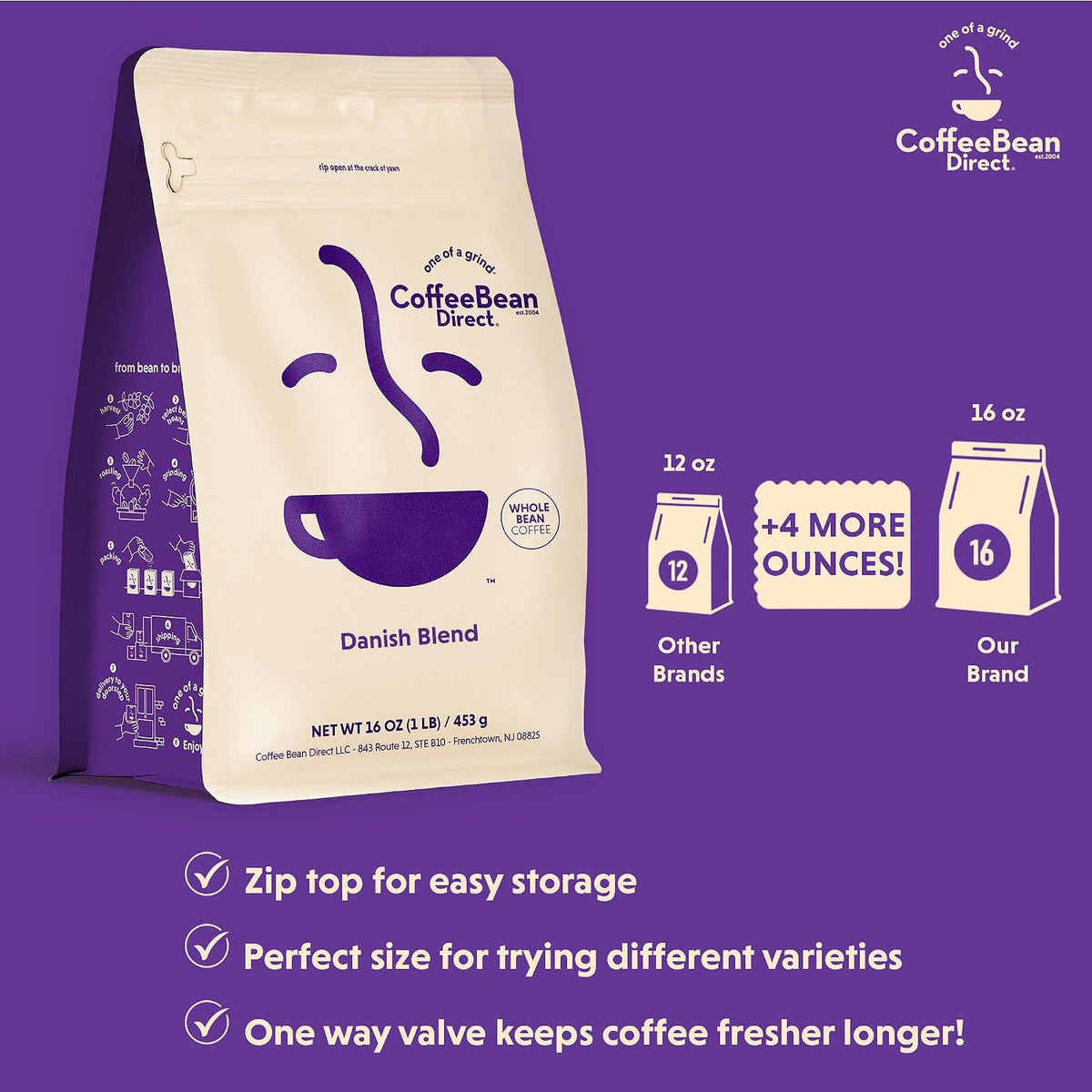 Coffee Bean Direct Danish Blend, Whole Bean, 1lb Bag | Mixed Roast Level, Handcrafted Blend