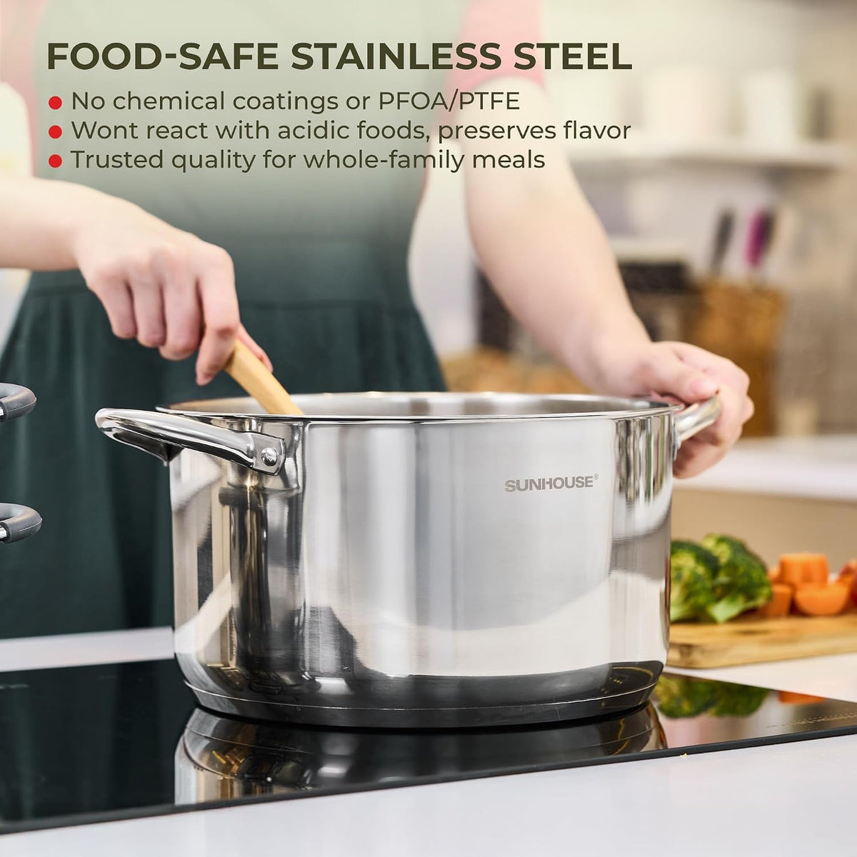 SUNHOUSE 13-Quart Stainless Steel Stockpot w/Tempered Glass Lid - Heavy-Duty, Food-Grade Cookware for Simmering, Boiling, and Induction Cooking - Exceptional Heat Distribution
