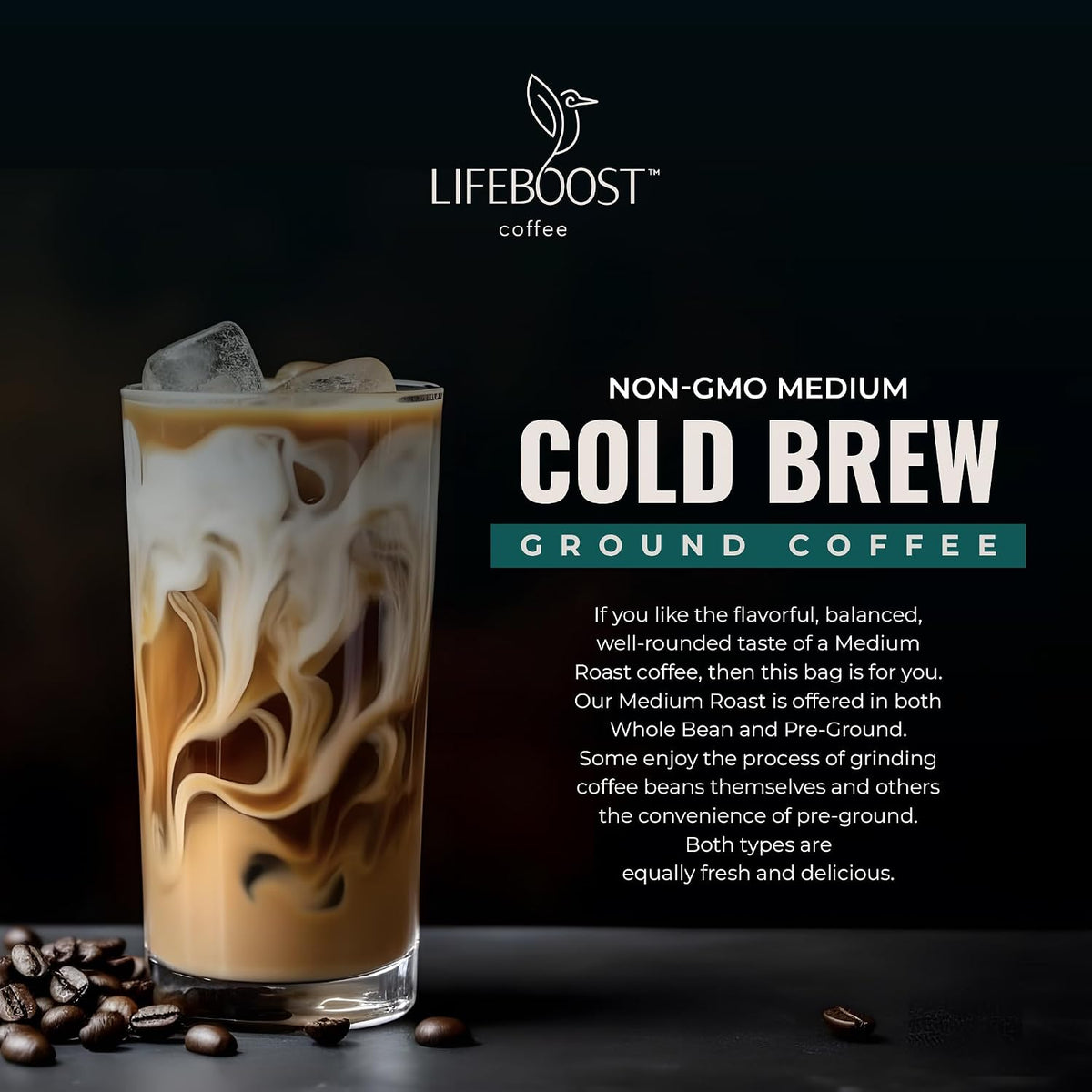 Lifeboost Low Acid Cold Brew Coffee, Organic Coarse Ground Medium Roast, 12 oz