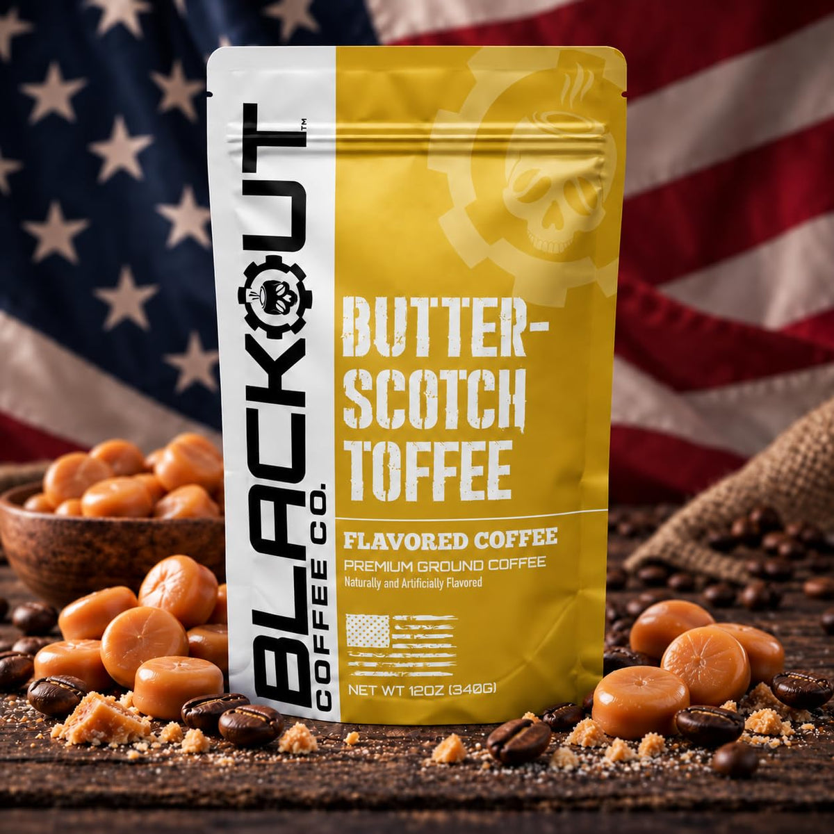 Blackout Coffee Butterscotch Toffee Flavored Ground Coffee – Medium Roast, Smooth Taste, Guilt-Free Indulgence – Freshly Roasted 12oz Pouch.