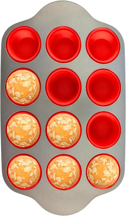 Boxiki Kitchen Non-Stick 12 Cup Silicone Muffin Pan with Steel Frame - BPA Free, Non-Toxic, Anti-Warp, Durable &amp; Easy to Pop Silicone Muffin Tin - Perfect Cupcake Pan