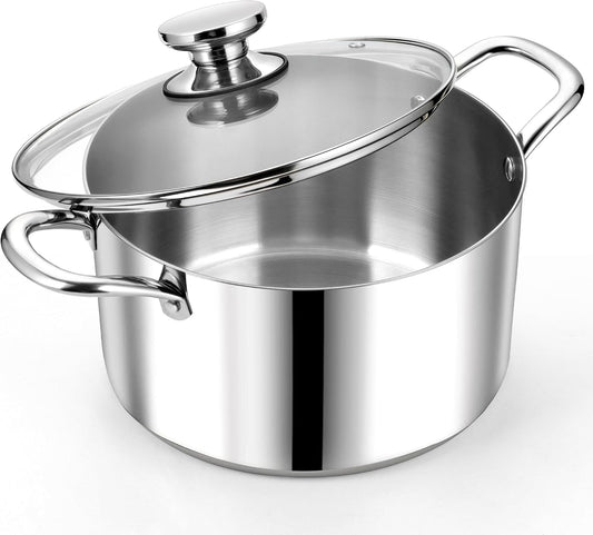 P&P CHEF 8 Quart Tri-Ply Stainless Steel Stock Pot, 8 Qt Stockpot Pasta Cooking Pot with Visible Lid for Soup Vegetable, Induction Cookware for All Stoves, Sturdy & Double Handle, Dishwasher Safe
